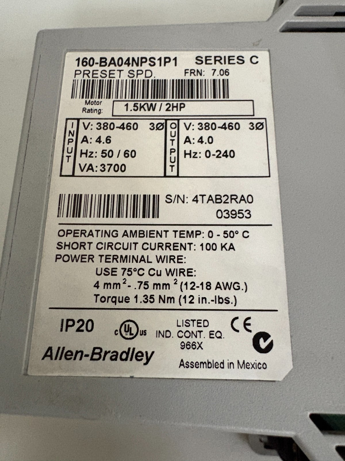 ALLEN BRADLEY 2 HP DRIVE 160-BA04NPS1P1 C3