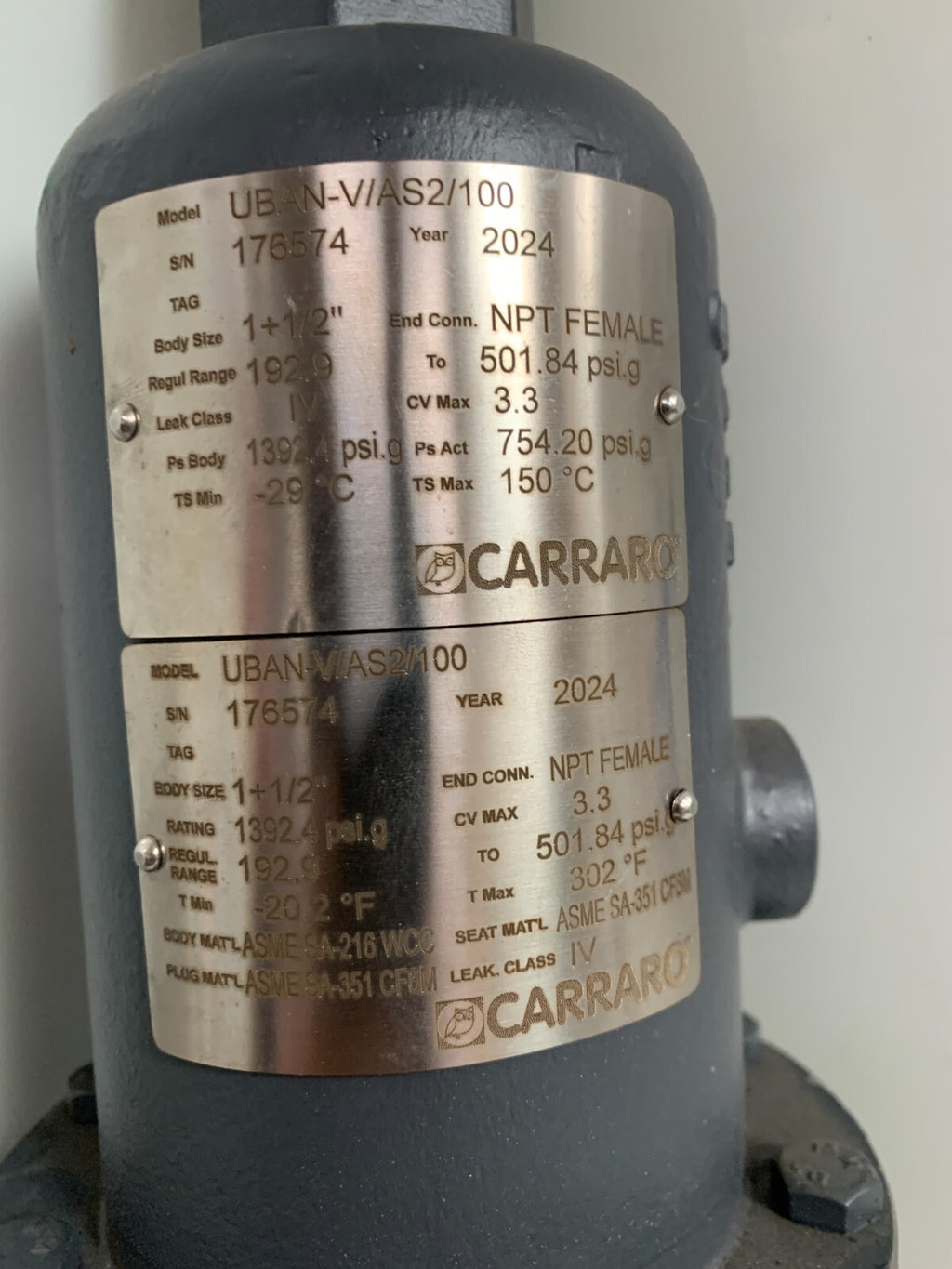 CARRARO ACTUATED CONTROL VALVE UBAN-V/AS2/100 W/ CARRARO VALVE WCC/1.0625 HT091