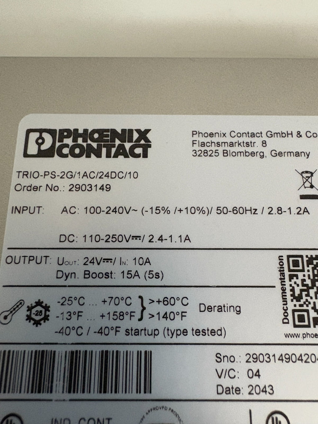 PHOENIX CONTACT POWER SUPPLY TRIO-PS-2G/1AC/24DC/10