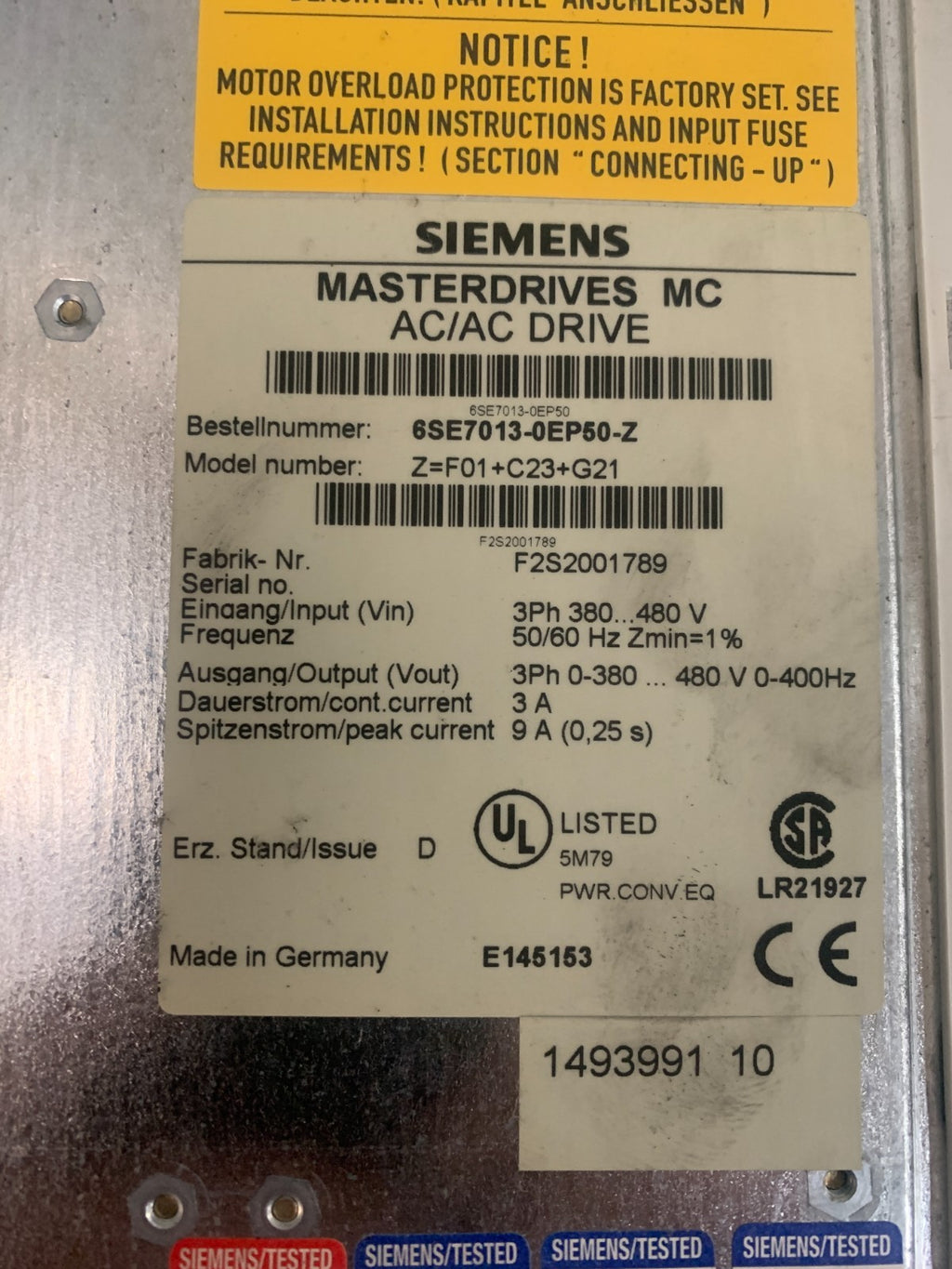 SIEMENS AC AC DRIVE 3PH 6 SE7013-OEP60-Z Z-F01+C23+G21