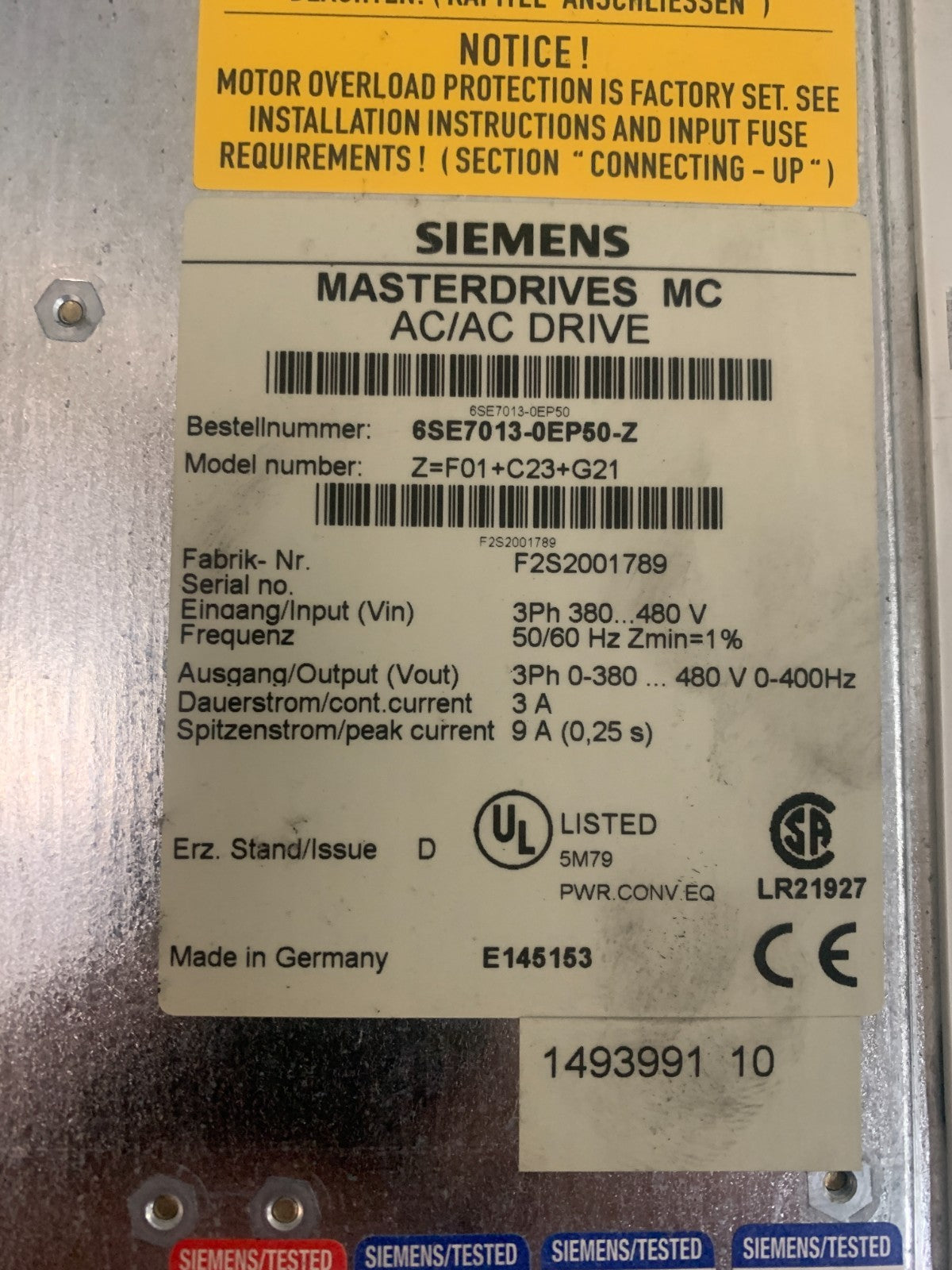 SIEMENS AC AC DRIVE 3PH 6 SE7013-OEP60-Z Z-F01+C23+G21