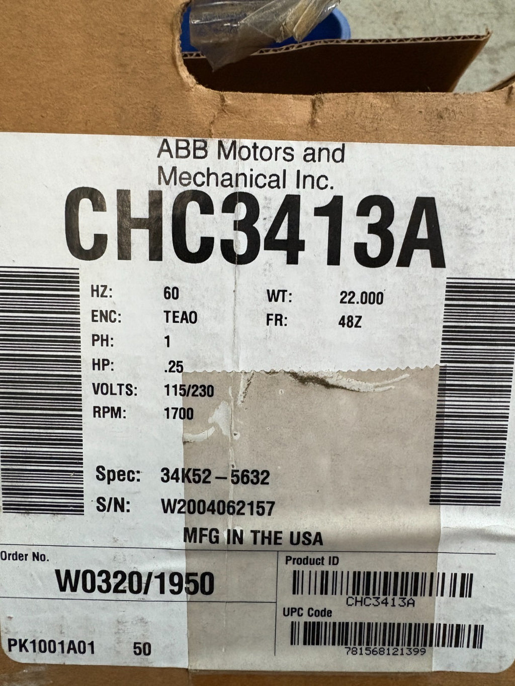 ABB MOTORS BALDOR RELIANCER FARM DUTY MOTOR .25HP CHC3413A 34K52-56323