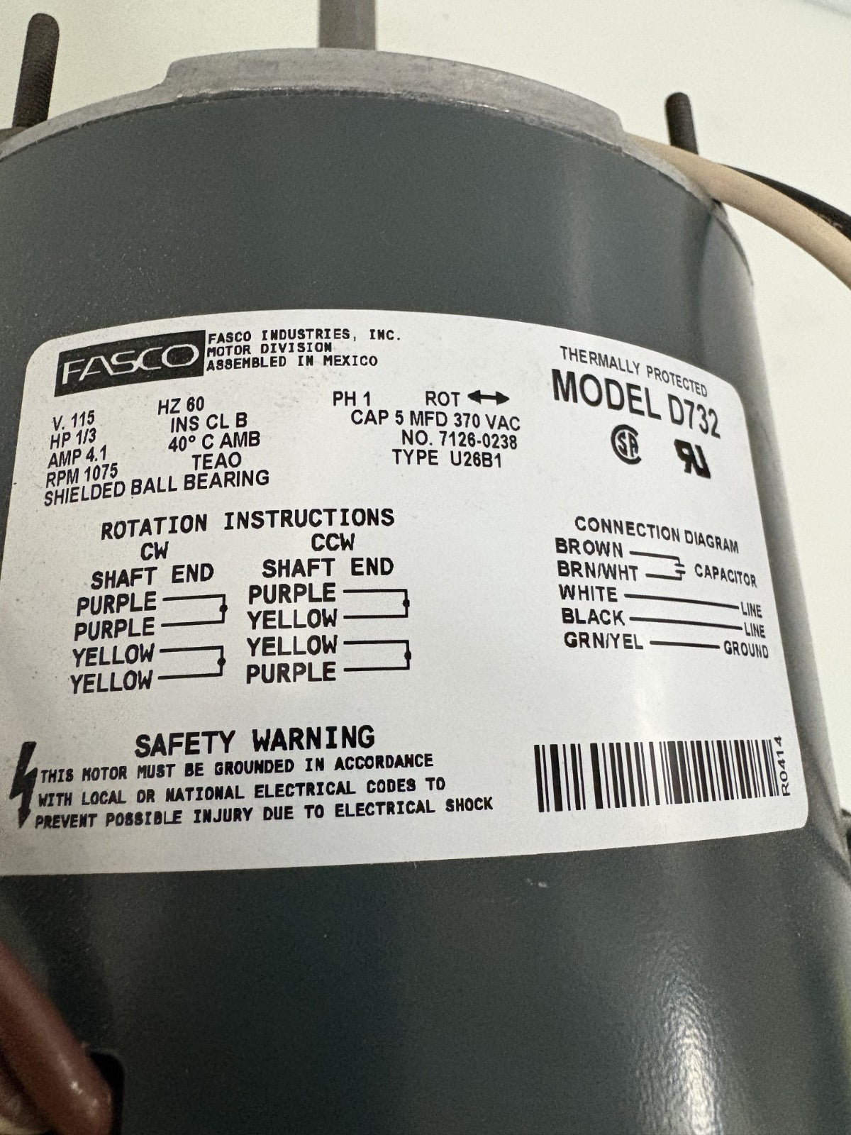 FASCO IND. 1/3 HP BLOWER MOTOR D732 TYPE 426B1