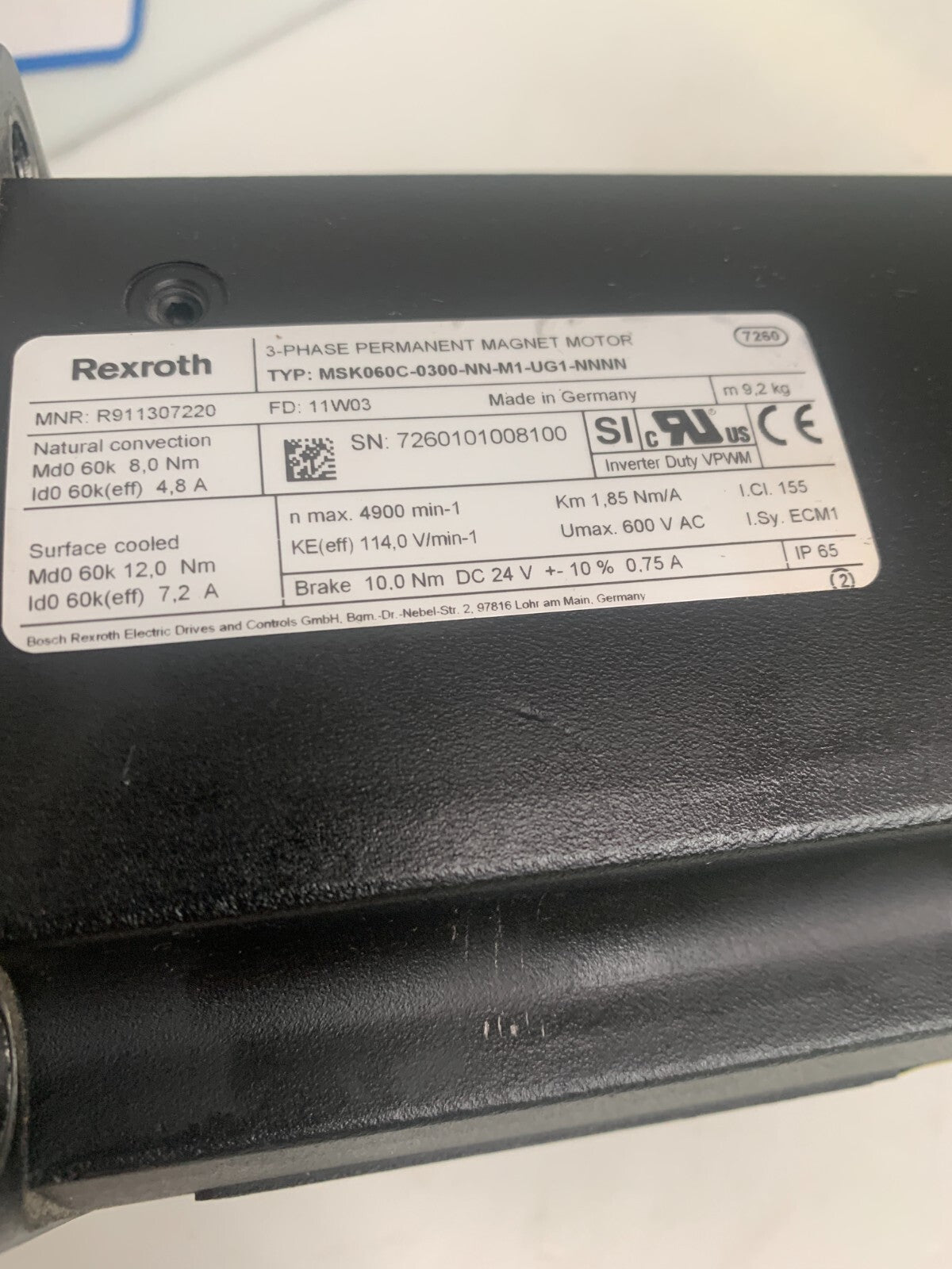 REXROTH 3-PHASE PERMANENT MAGNETIC MOTOR MSK060C-0300-NN-M1-UG1-NNNN1