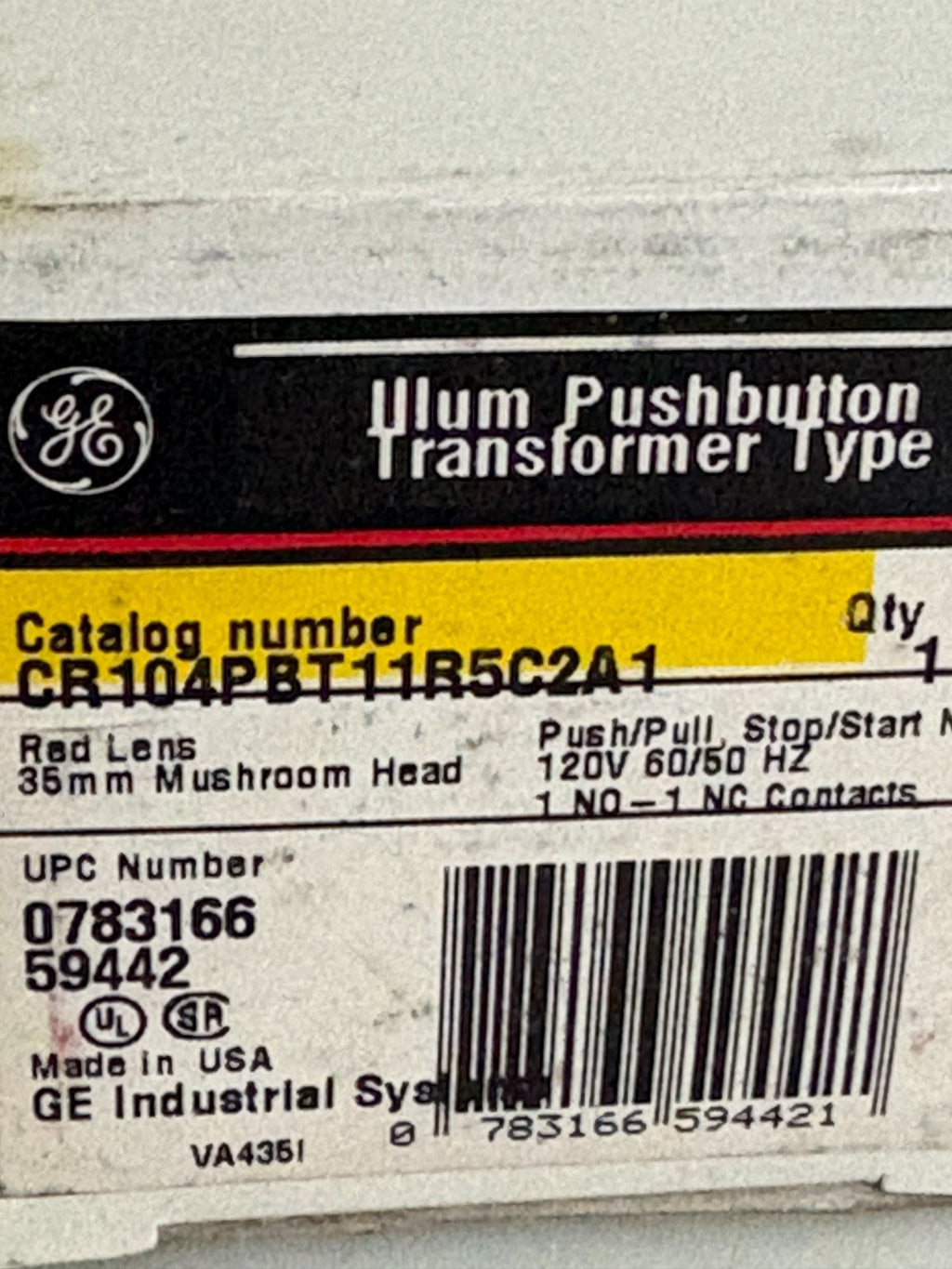 GENERAL ELECTRIC ULUM PUSH BUTTON TRANSFORMER TYPE CR104PBT11R5C2A13