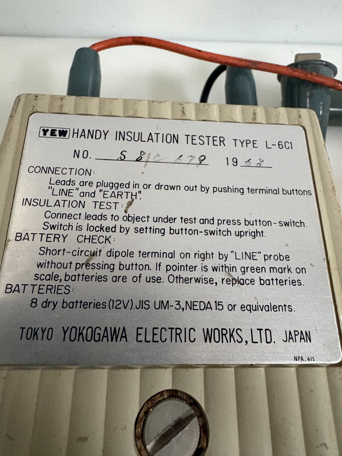 YOKOGAWA ELECTRIC INSULATION TESTER L-6C1 