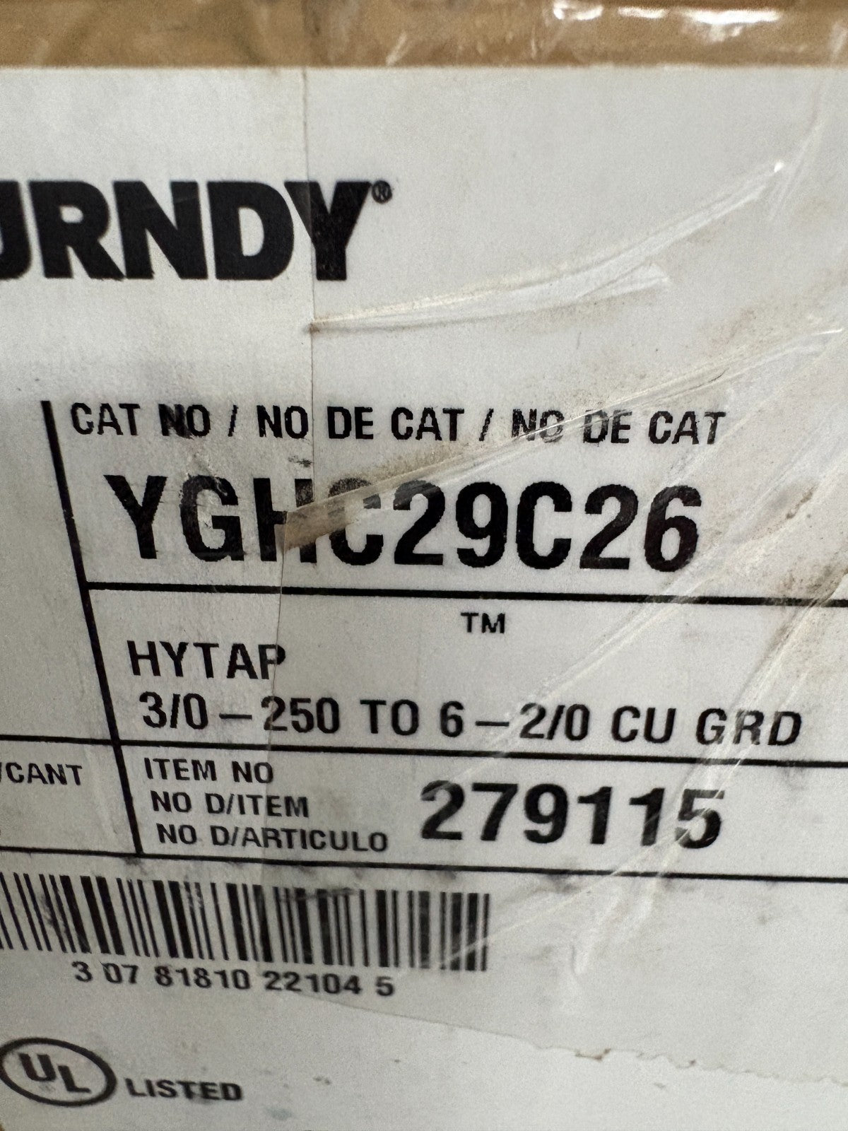 BURNDY HYTAP COMPRESSION GROUNDING C-TAP 3/0-250 TO 6-2/0 CU GROUND #YGHC29C262