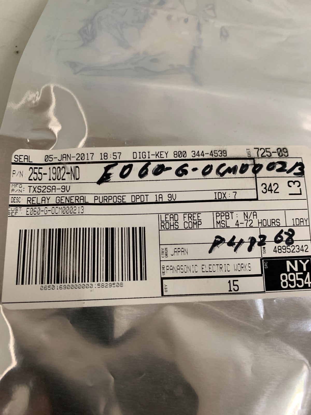 DIGIKEY PANASONIC LOW SIGNAL RELAY TXS2SA-9V 15 IN TUBE1