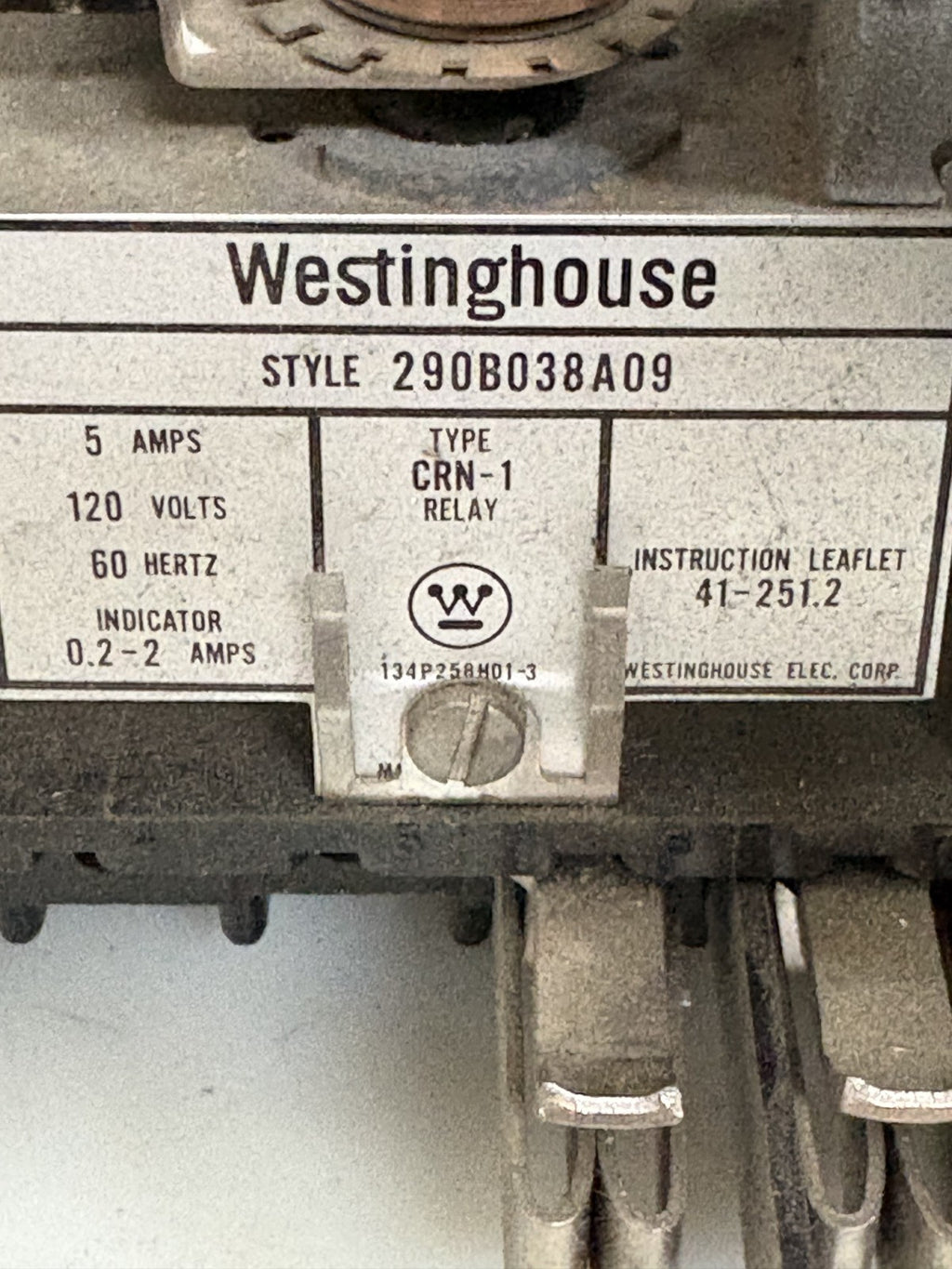 WESTINGHOUSE REVERSE POWER RELAY #290B038A09 TYPE CRN-12