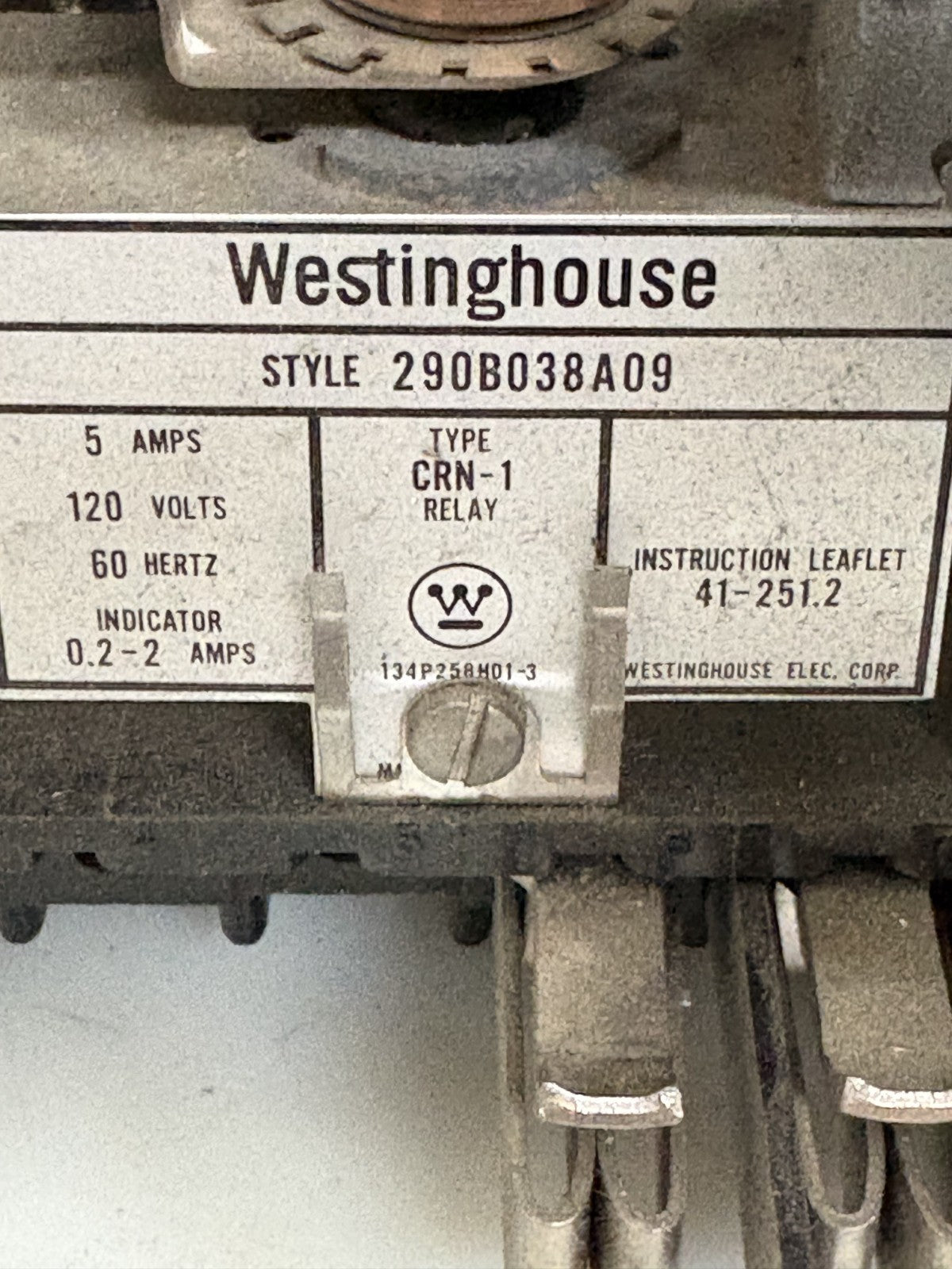WESTINGHOUSE REVERSE POWER RELAY #290B038A09 TYPE CRN-12