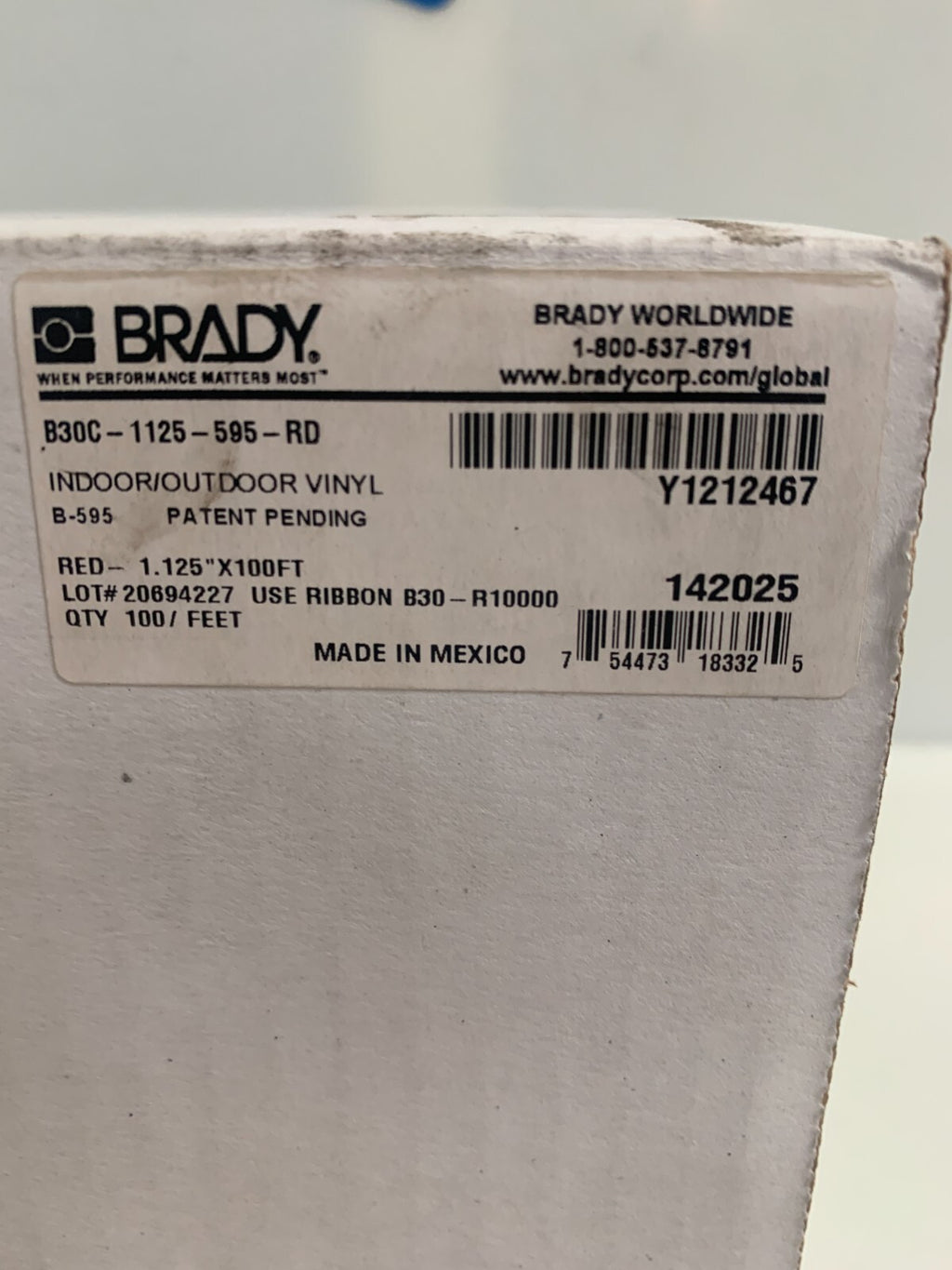 BRADY INDOOR/OUTDOOR 1 1/8" X 100' RED TAPE ROLL B30C-1125-595-RD