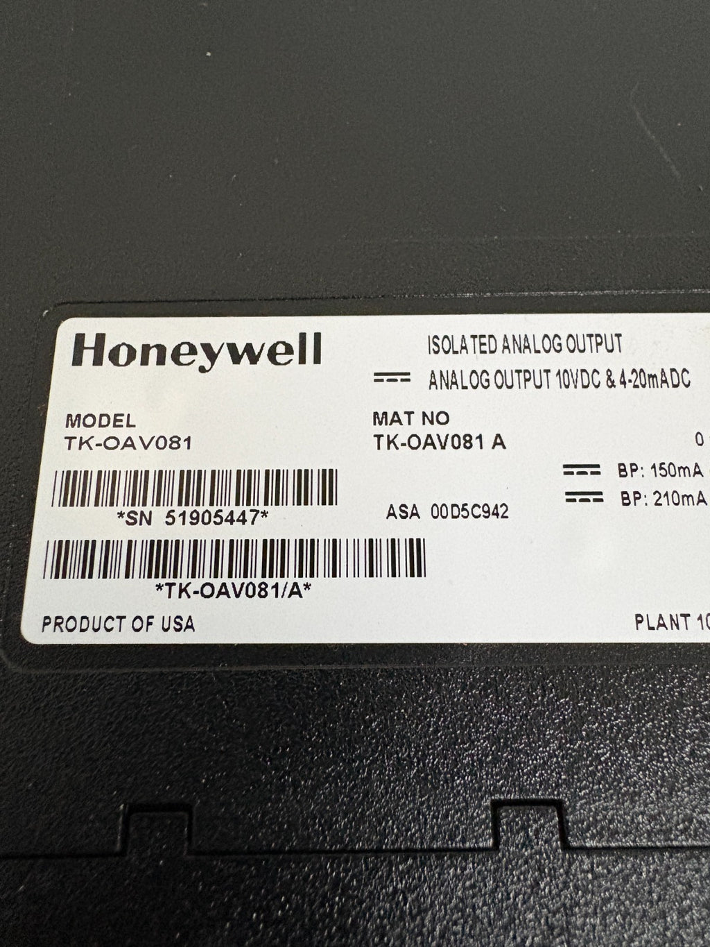 HONEYWELL ISOLATED ANALOG OUTPUT MODULE TK-0AV081 A