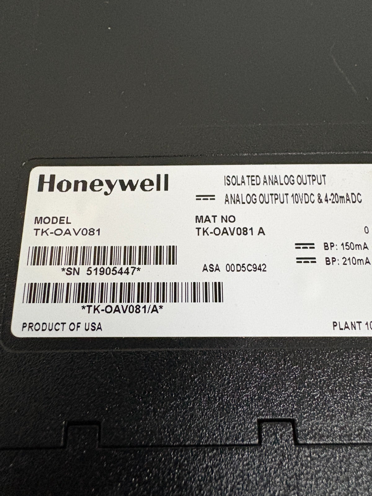 HONEYWELL ISOLATED ANALOG OUTPUT MODULE TK-0AV081 A