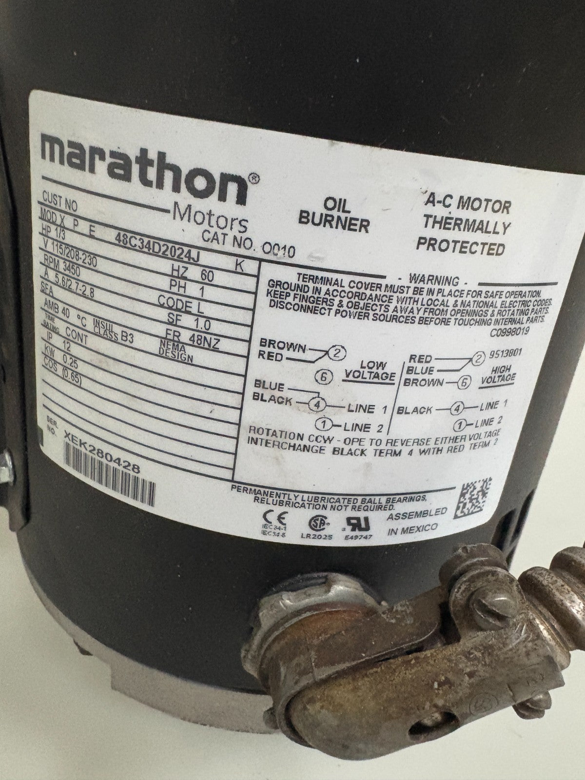 MARATHON OIL BURNER MOTOR W/FAN CAT 0010 MOD XPE 48C34D2042J 1/3 HP