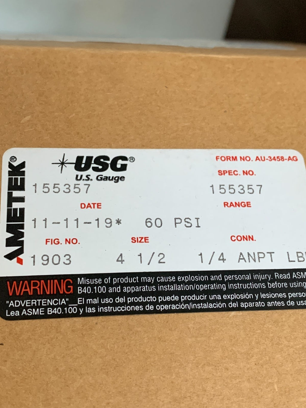 AMETEK USG GAUGE 0-60PSI 4 1/2" #155357