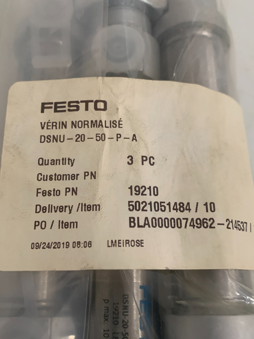 LOT OF 3 FESTO STANDARD PNEUMATIC CYLINDER 19210 DSNU-20-50-P-A