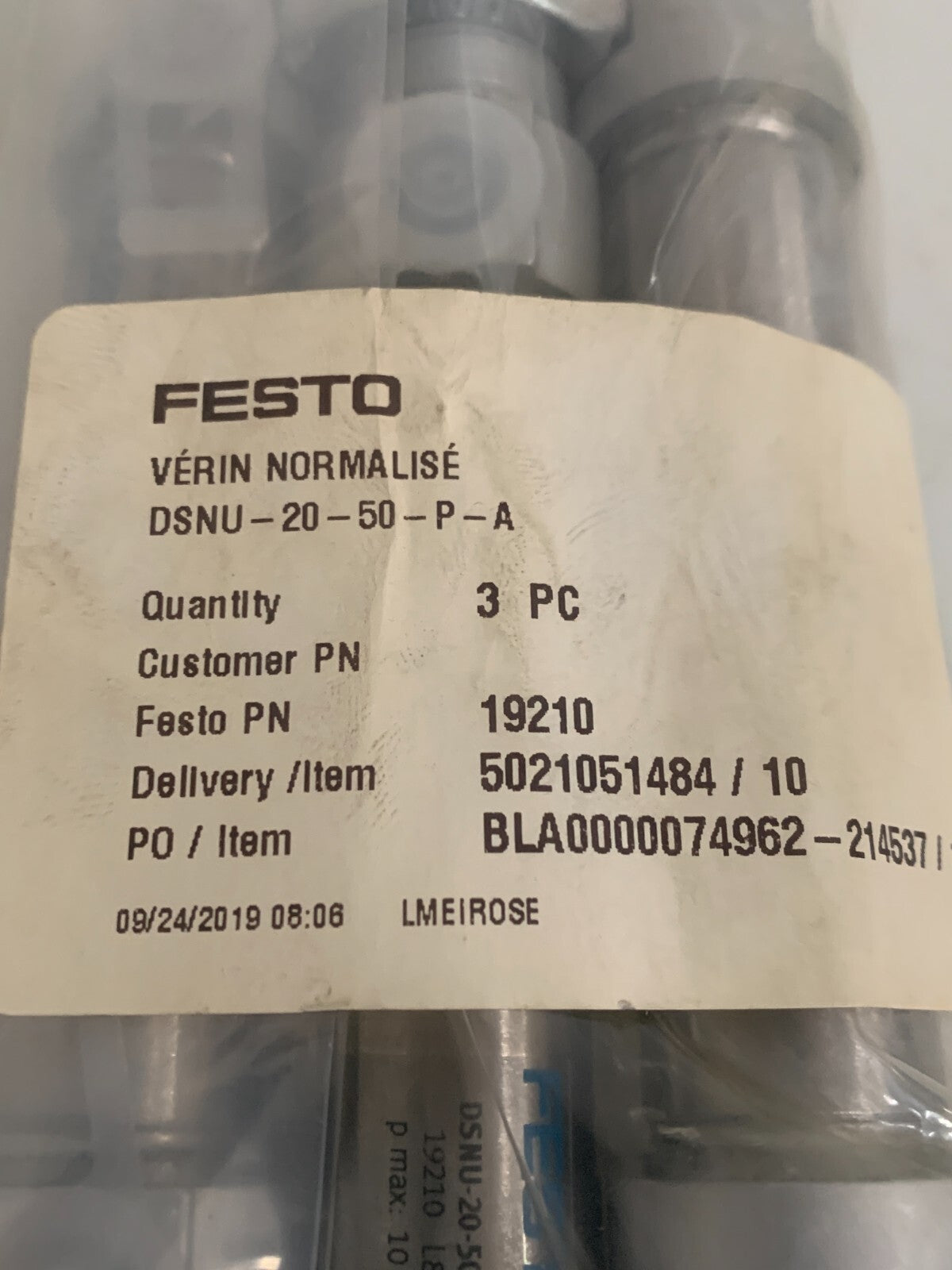 LOT OF 3 FESTO STANDARD PNEUMATIC CYLINDER 19210 DSNU-20-50-P-A