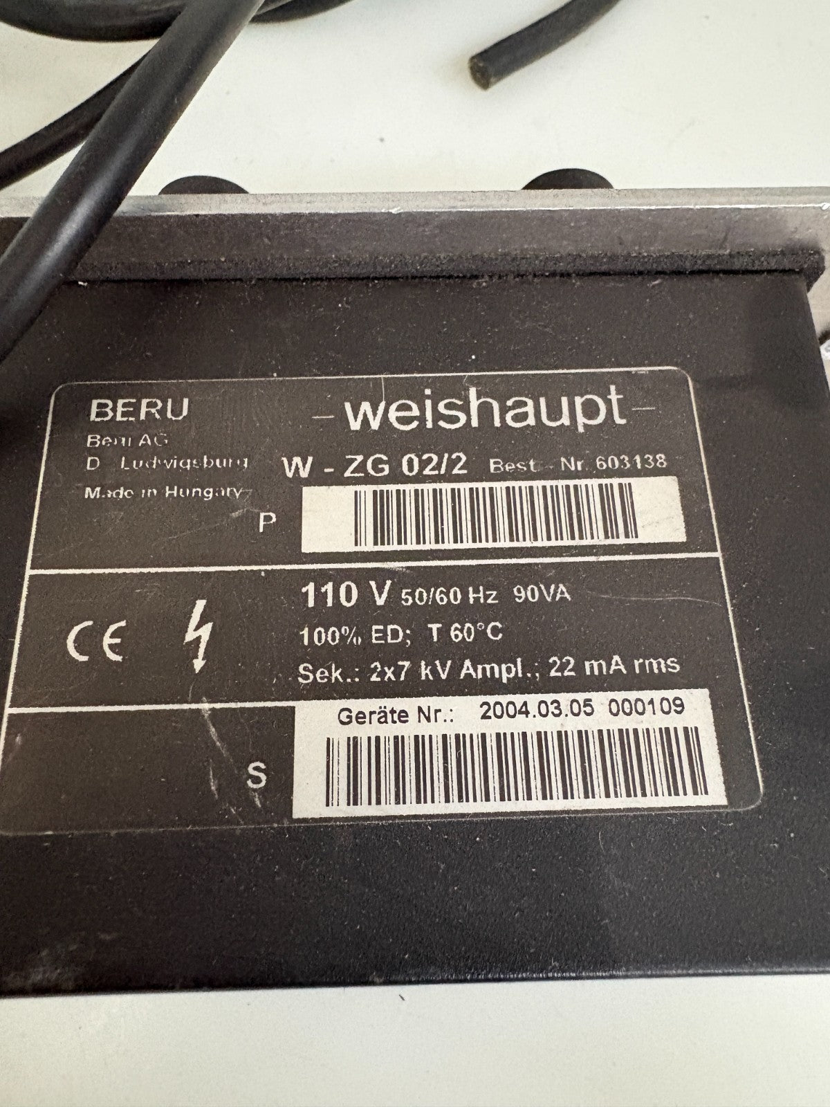 BERU WEISHAUPT IGNITION UNIT TRANSFORMER W-ZG 02/2