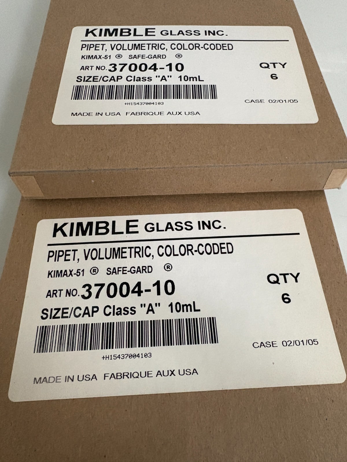 KIMBLE GLASS 10ML VOLUMETRIC COLOR CODED PIPET 9370040009 (37004-10) BOX OF 12