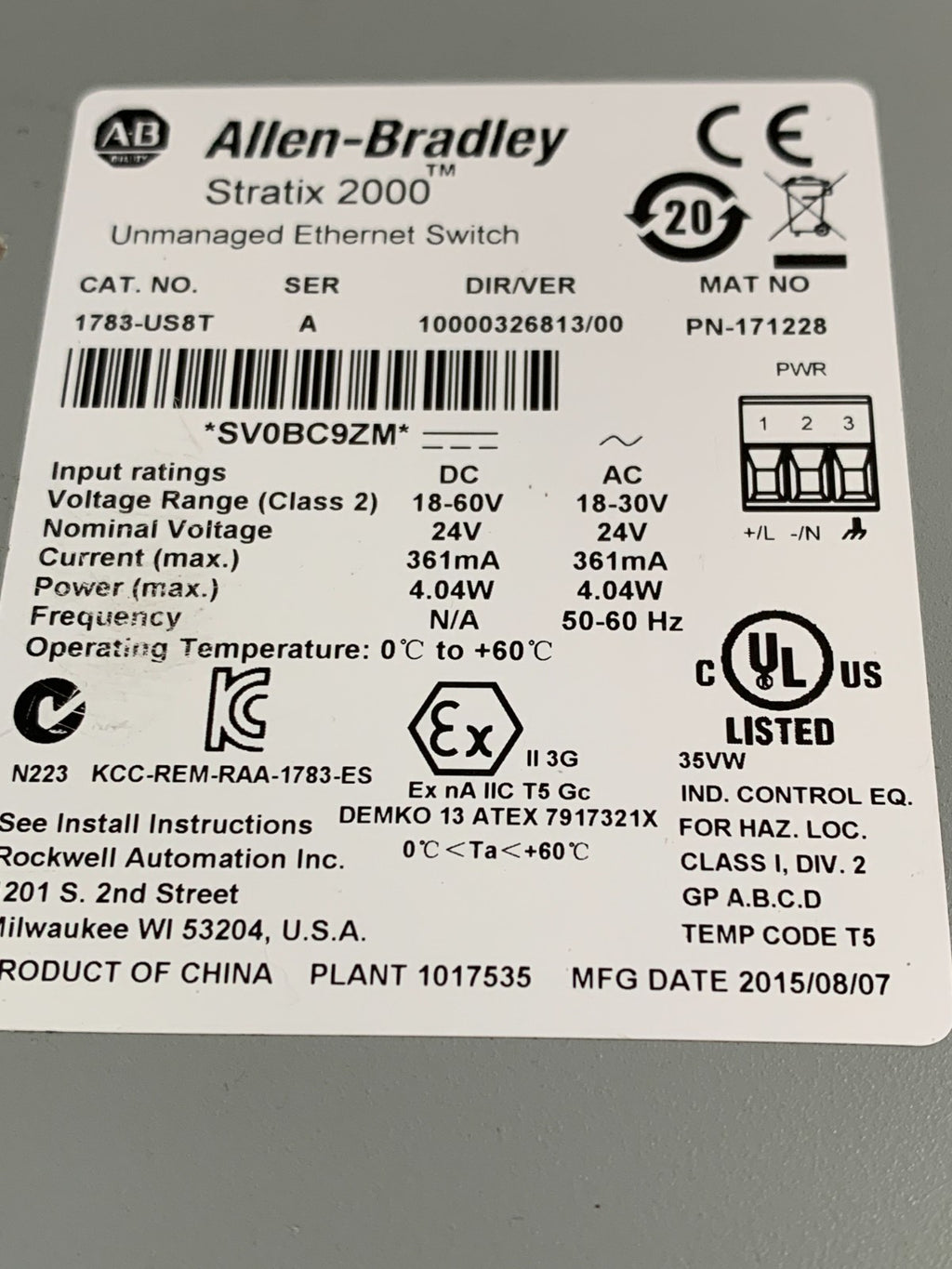 ALLEN BRADLEY STRATIX 2000 UNMANAGED ETHERNET SWITCH #1783-US8T SER A