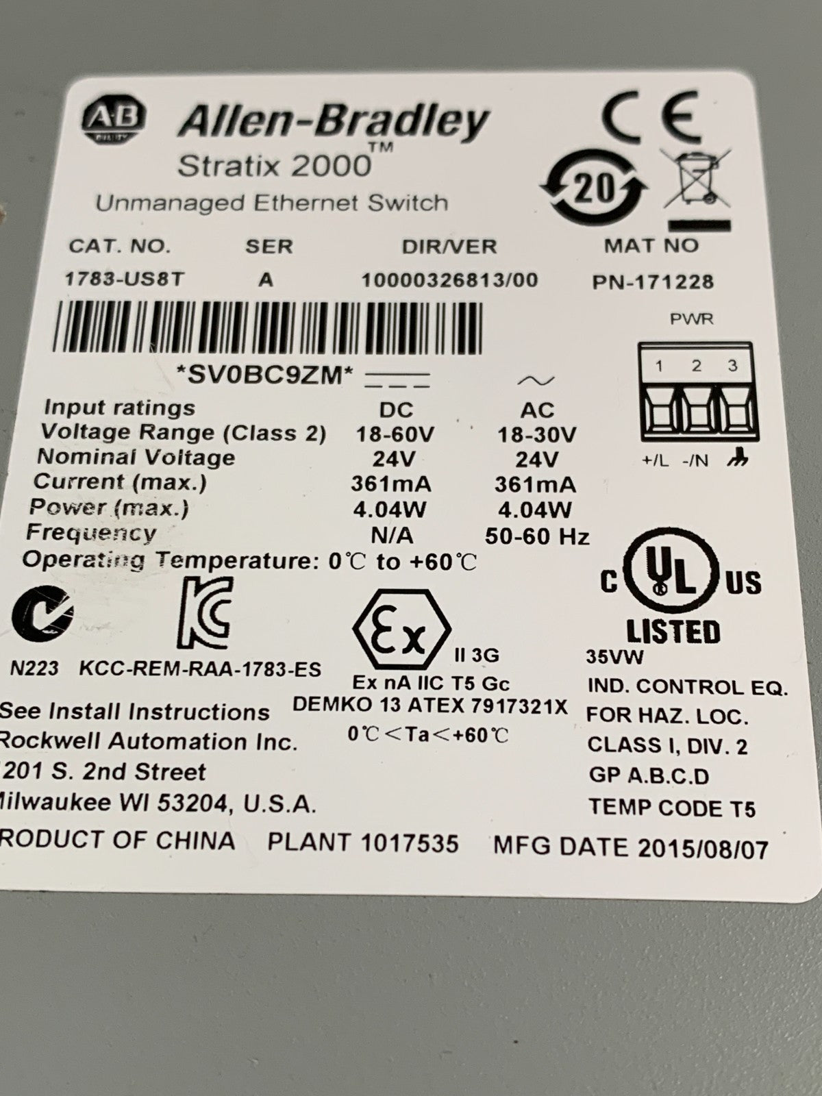 ALLEN BRADLEY STRATIX 2000 UNMANAGED ETHERNET SWITCH #1783-US8T SER A