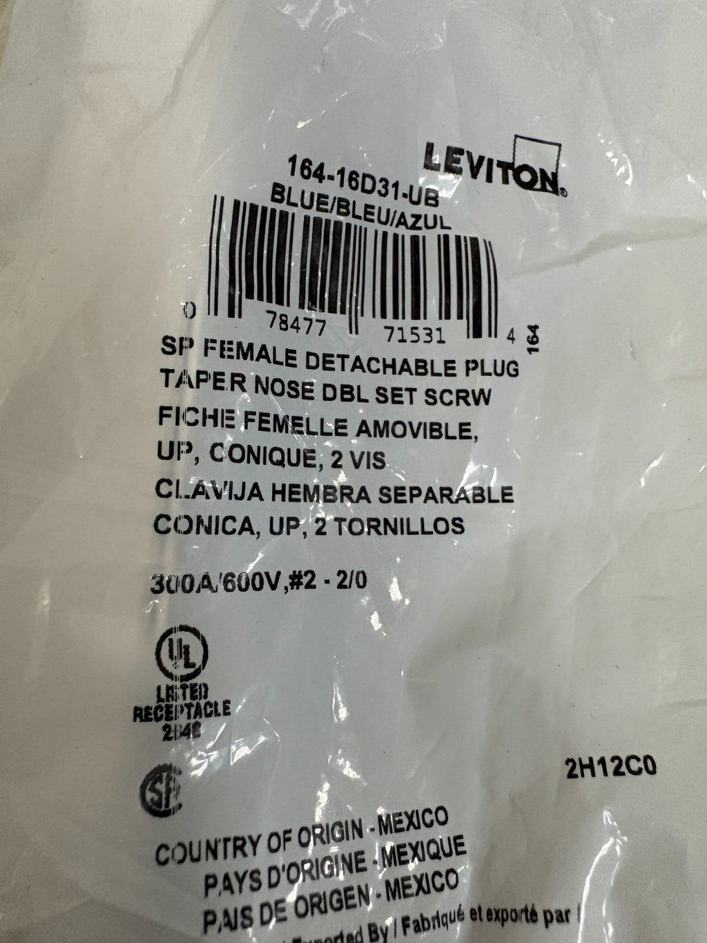 LOT OF 2 LEVITON SP FEMALE DETACHABLE PLUG BLUE 164-16D31-UB2