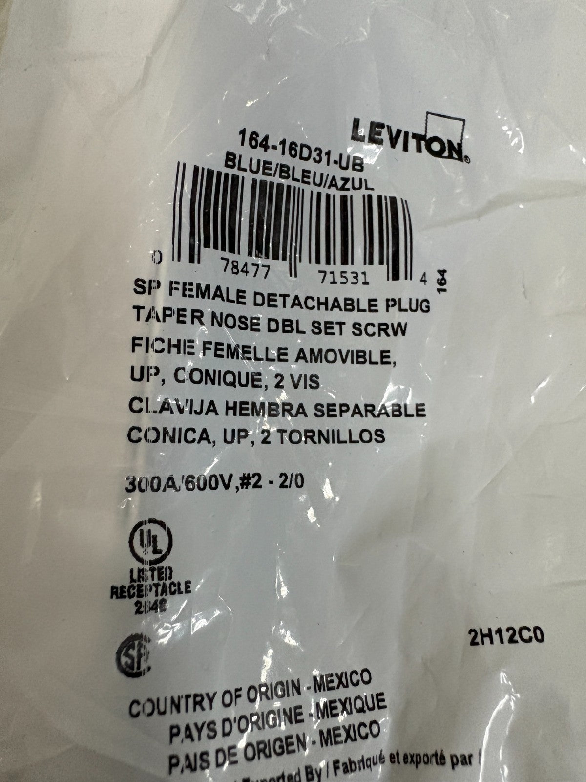 LOT OF 2 LEVITON SP FEMALE DETACHABLE PLUG BLUE 164-16D31-UB2