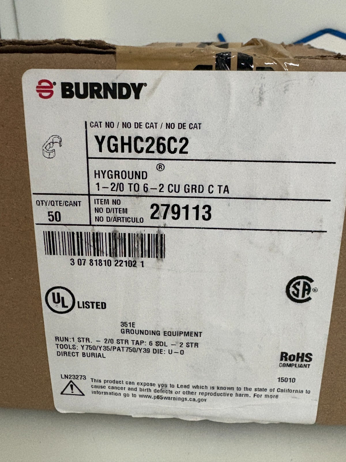 BURNDY COPPER CRIMP HYGROUND CONNECTOR YGHC26C2 50 IN BOX2