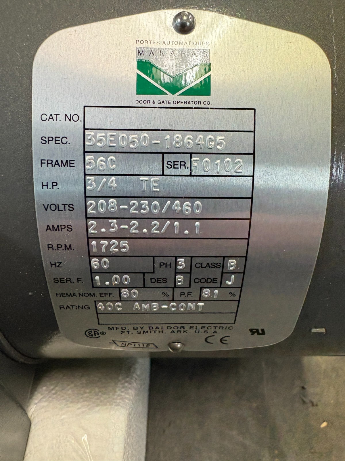 BALDOR DOOR & GATE BRAKE MOTOR 3/4 HP SPEC 35E050-1864G51