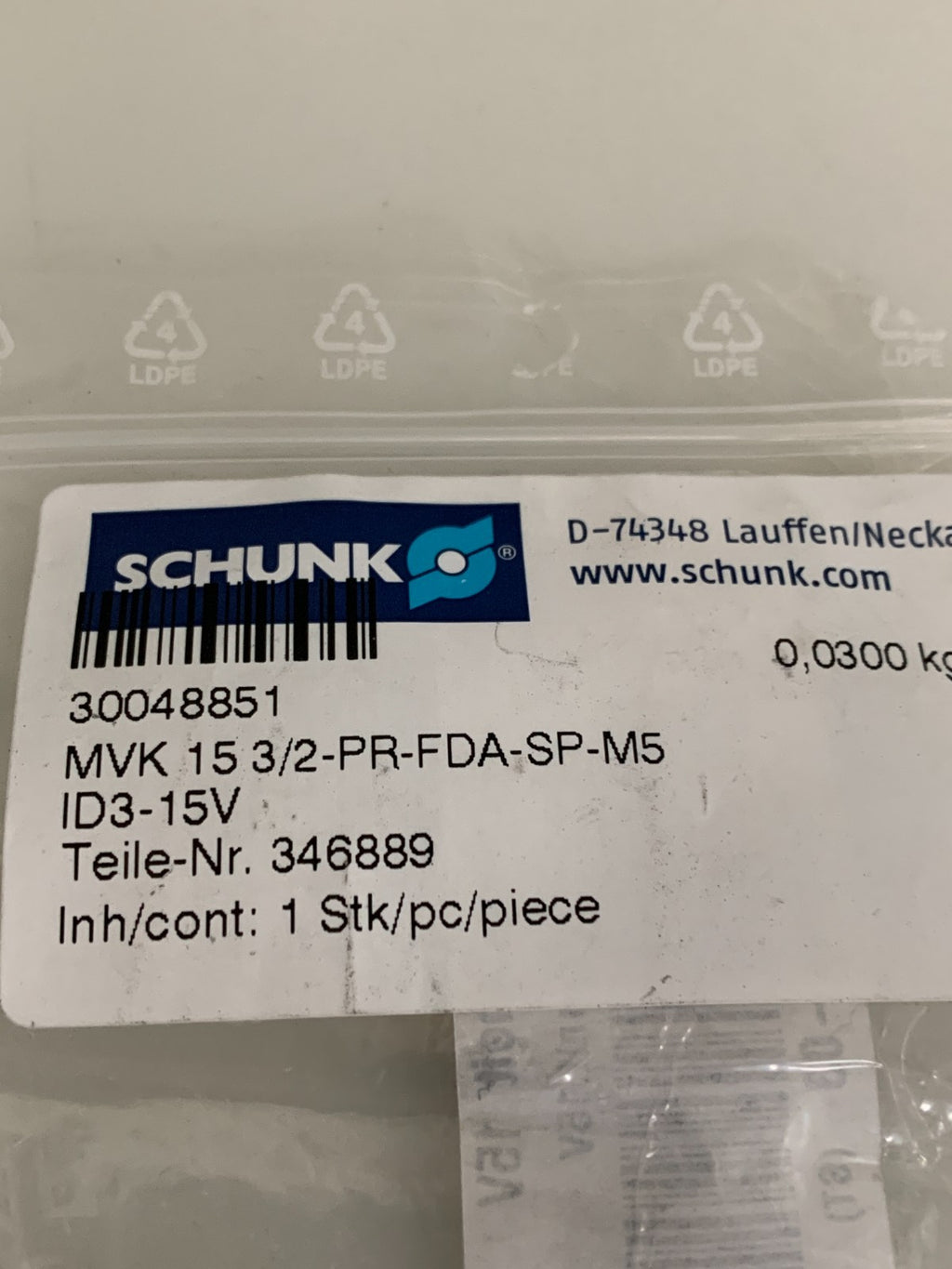 LOT OF 3 SCHUNK VALVE 30048851 MVK-15 3/2 -PR-FDA-SP-M5 ID3-15V