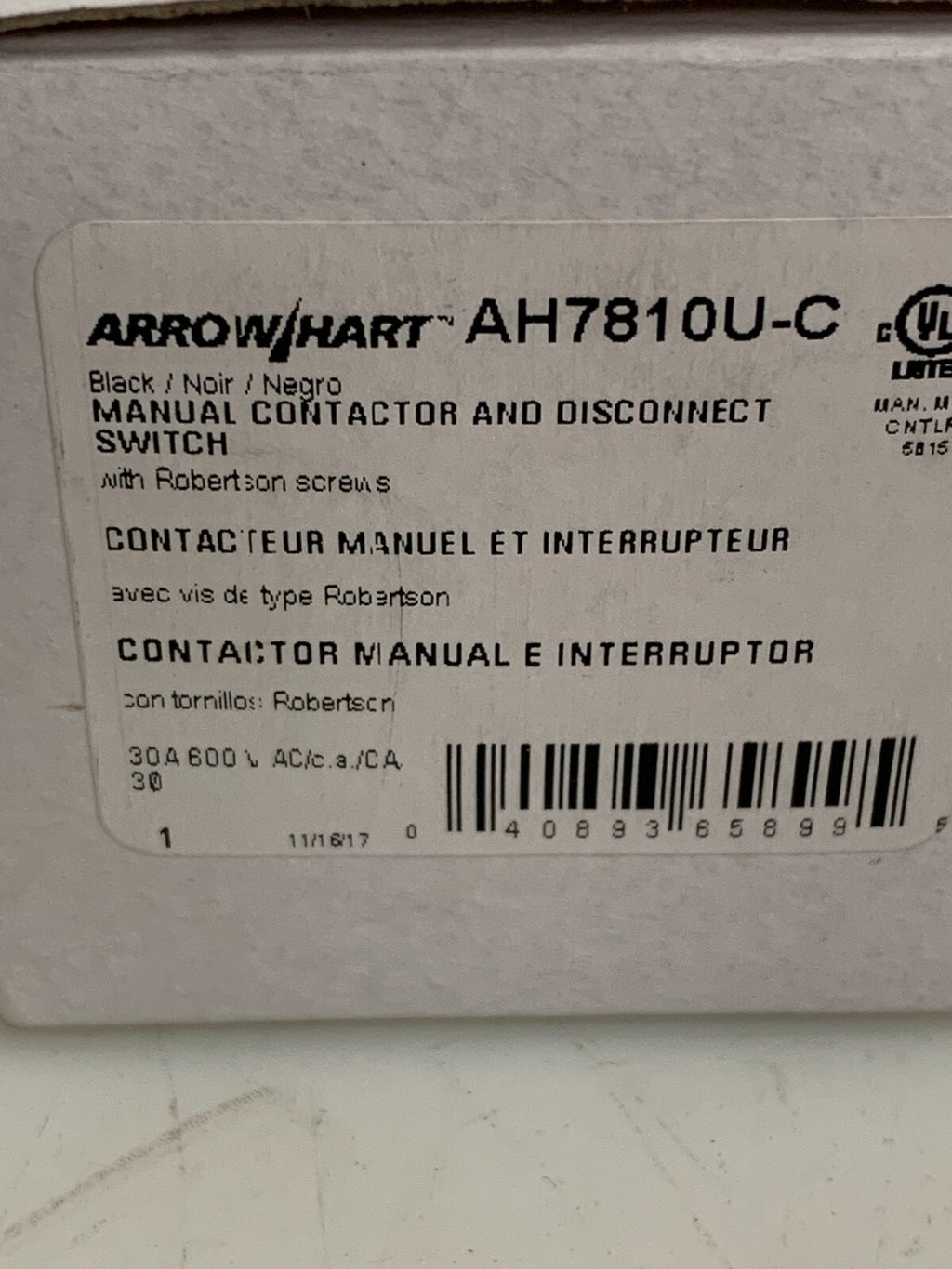 EATON ARROW HART MANUAL CONTACTOR AND DISCONNECT AH781OU-C1