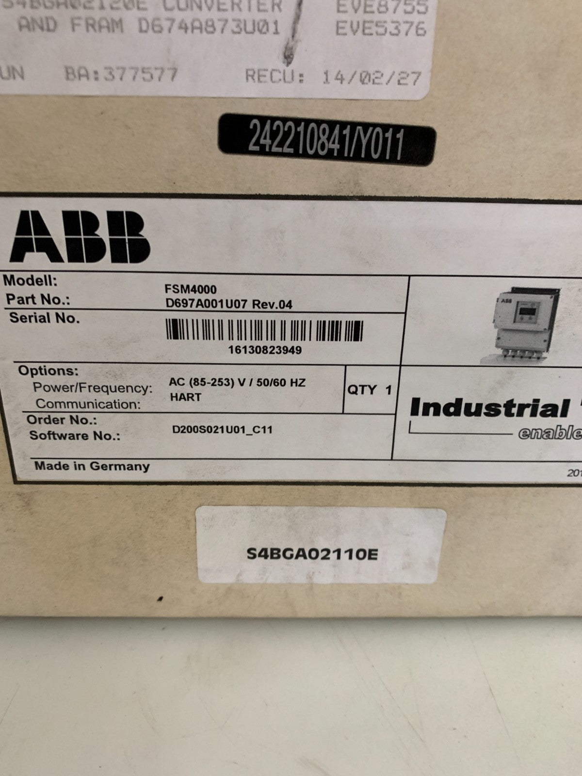 ABB FLOWMETER CONVERTER FSM 4000 D697A001407 REV 04