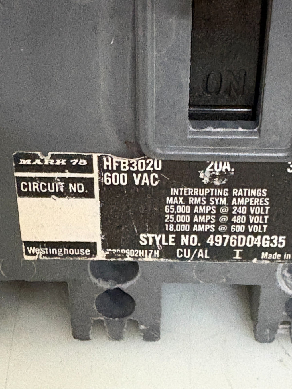 WESTINGHOUSE MOTOR CIRCUIT BREAKER 600V 20AMP HFB 30201
