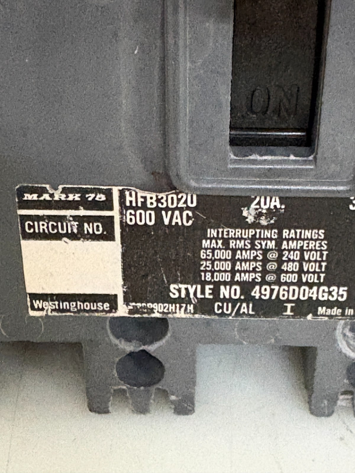 WESTINGHOUSE MOTOR CIRCUIT BREAKER 600V 20AMP HFB 30201