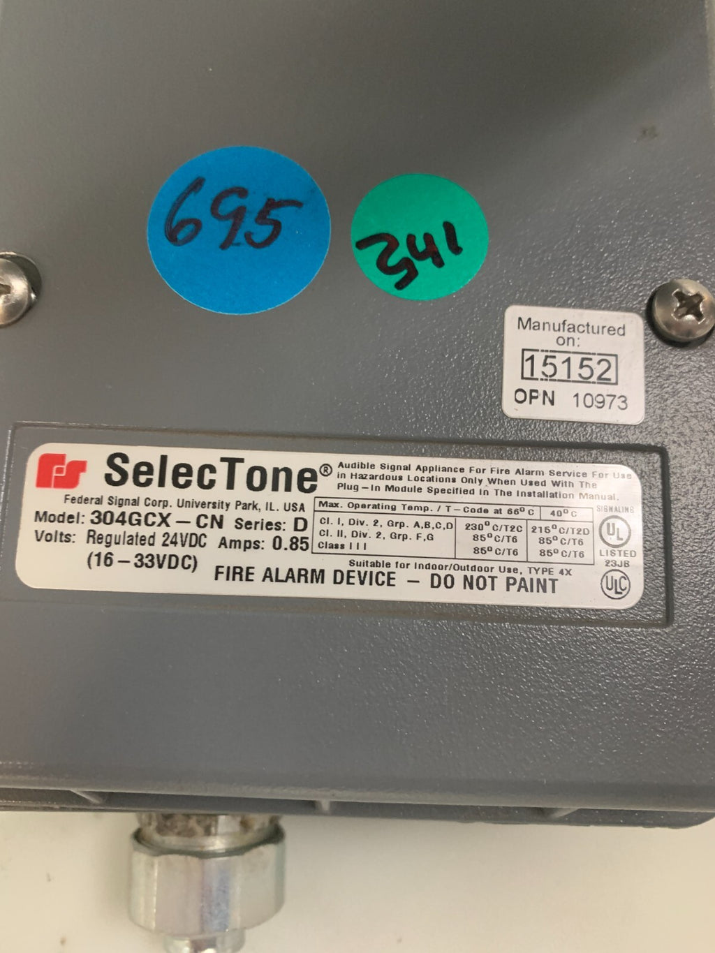FEDERAL SIGNAL 304GCX-CN Ser D SelecTone Fire Alarm Device 0.85A