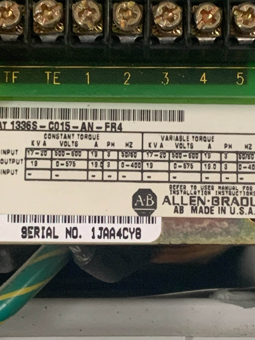 ALLEN BRADLEY 1336 PLUS SENSORLESS DRIVE 1336S-C015-AN-FR4 SER C