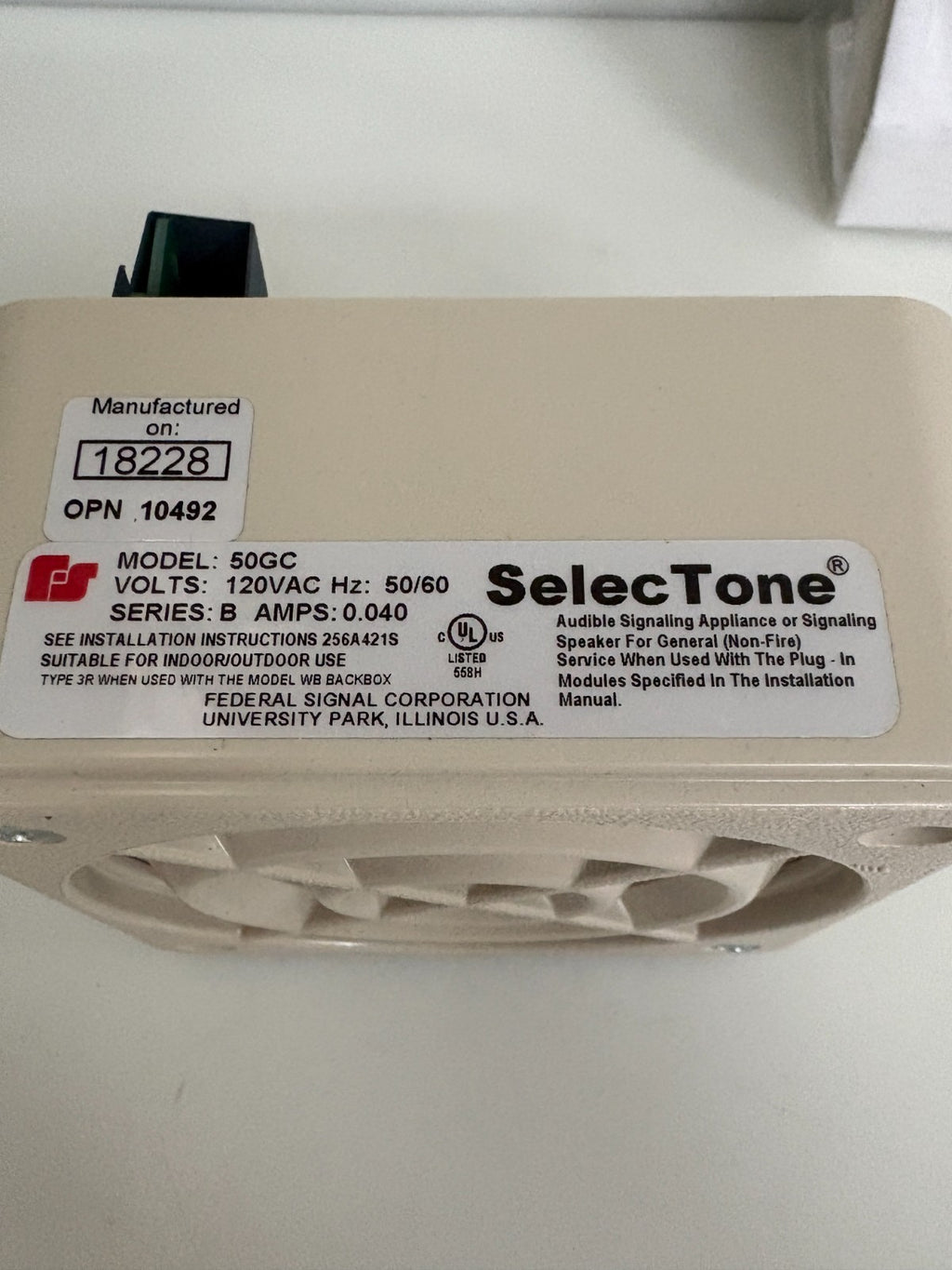 FEDERAL SIGNAL SELECTONE AUDIBLE SIGNAL AMPLIFIED SPEAKER #50GC3