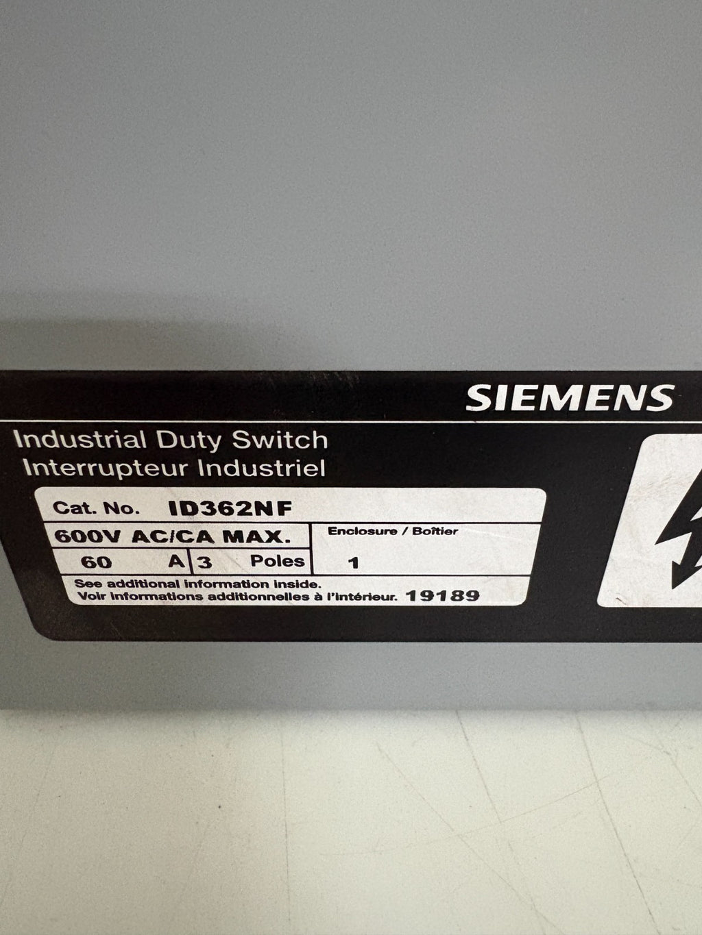 SIEMENS INDUSTRIAL DUTY SWITCH ID362NF 1