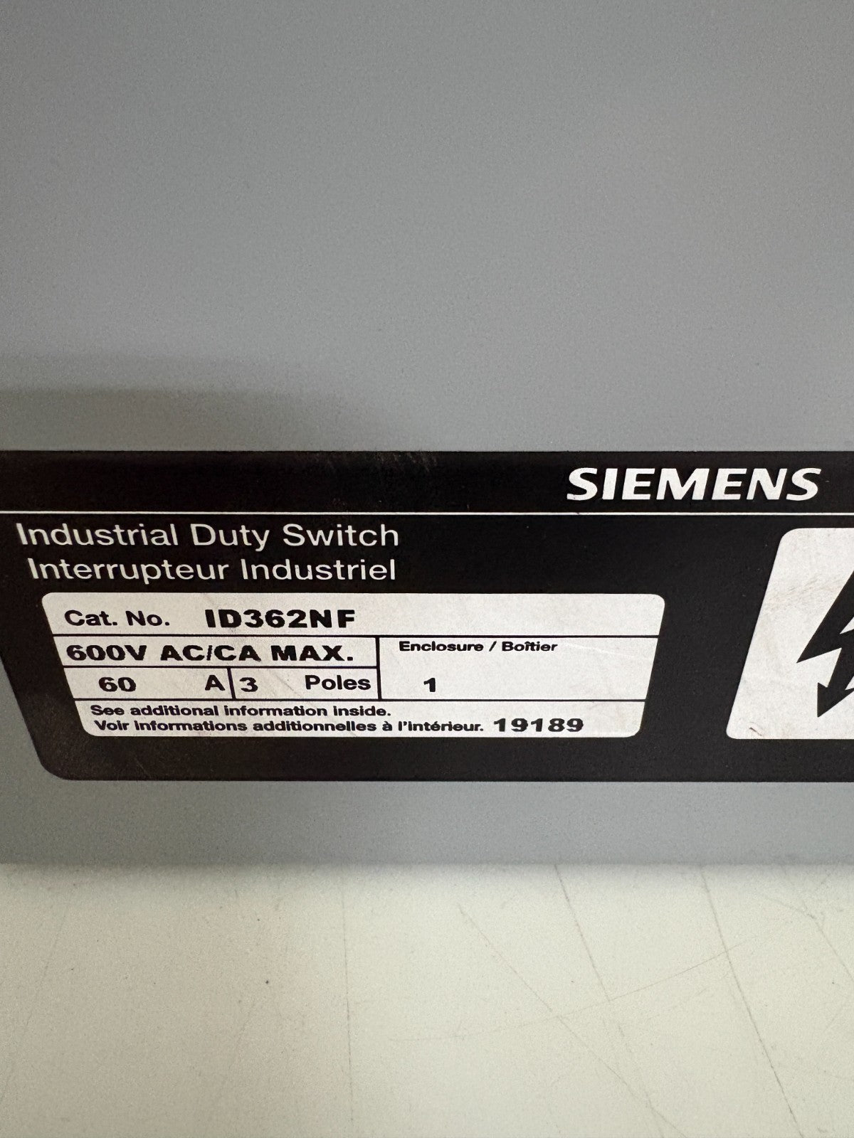 SIEMENS INDUSTRIAL DUTY SWITCH ID362NF 1