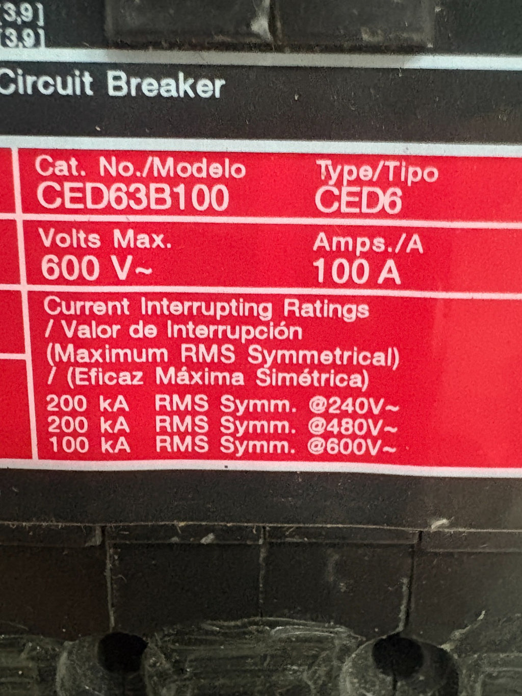 SIEMENS 100 AMP CIRCUIT BREAKER CED 63 B1002