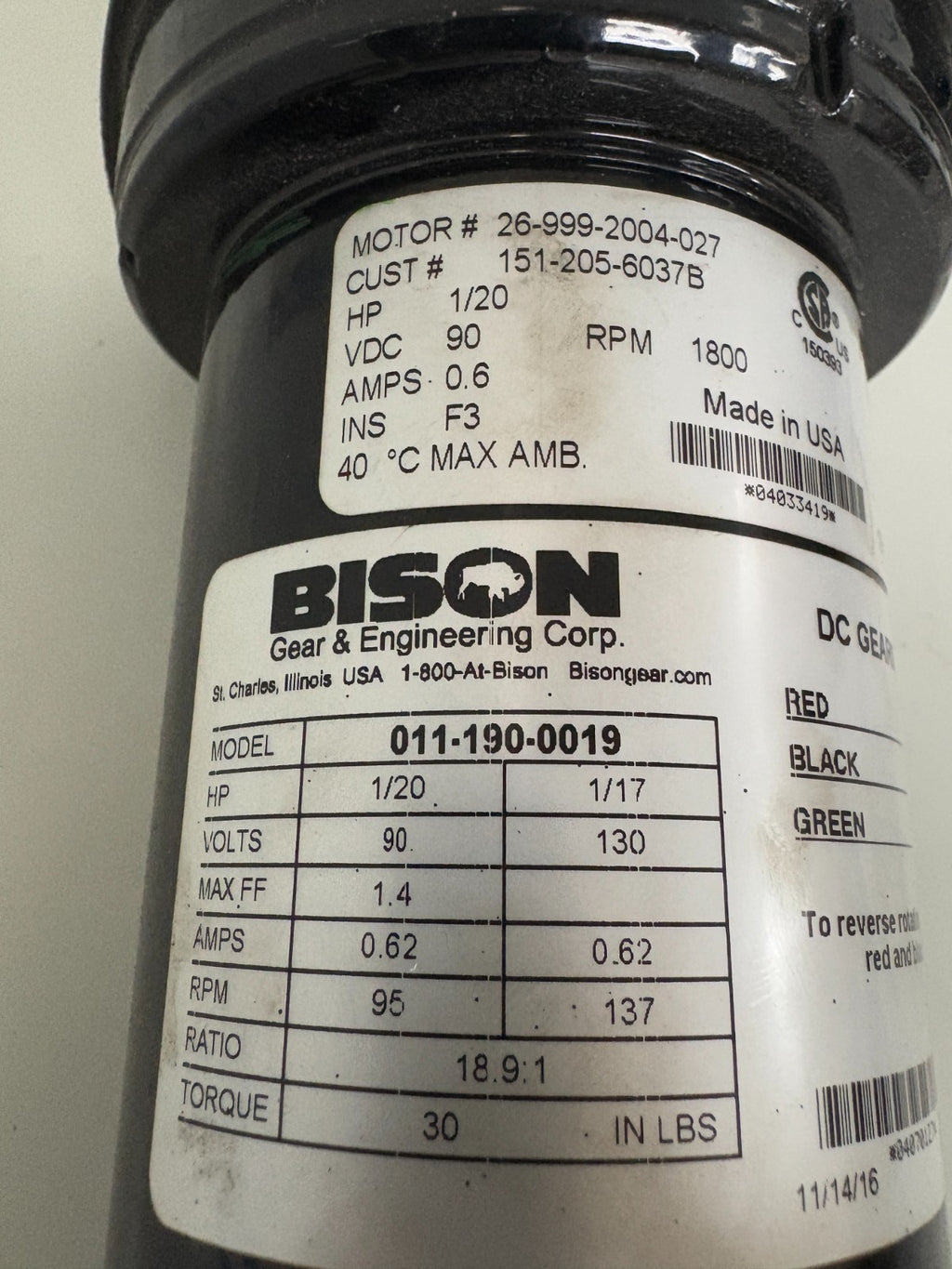 BISON DC GEAR MOTOR 26-999-2004-027 1/20 HP 1800 RPM