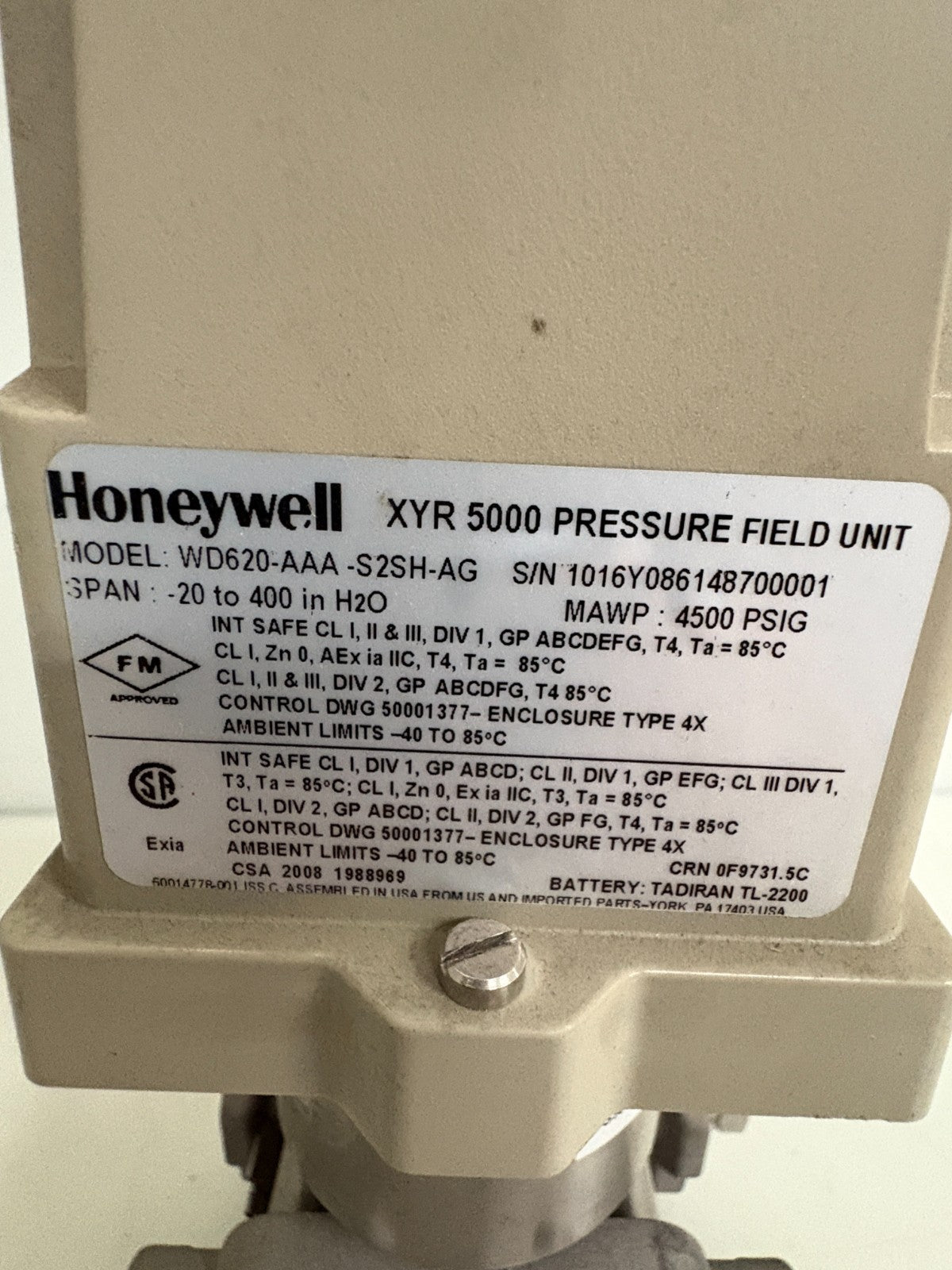 HONEYWELL XYR 5000 PRESSURE FIELD UNIT WD620-AAA-S2SH-AG