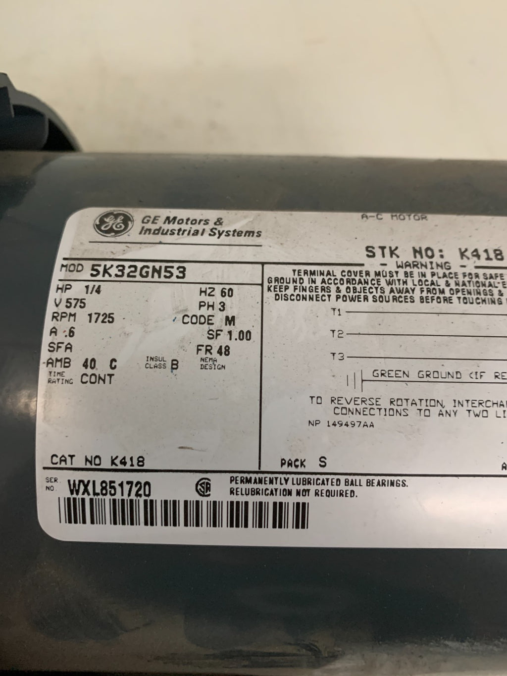GENERAL ELECTRIC 1/4 HP 1725 RPM MOTOR MODEL SK 32GN 53