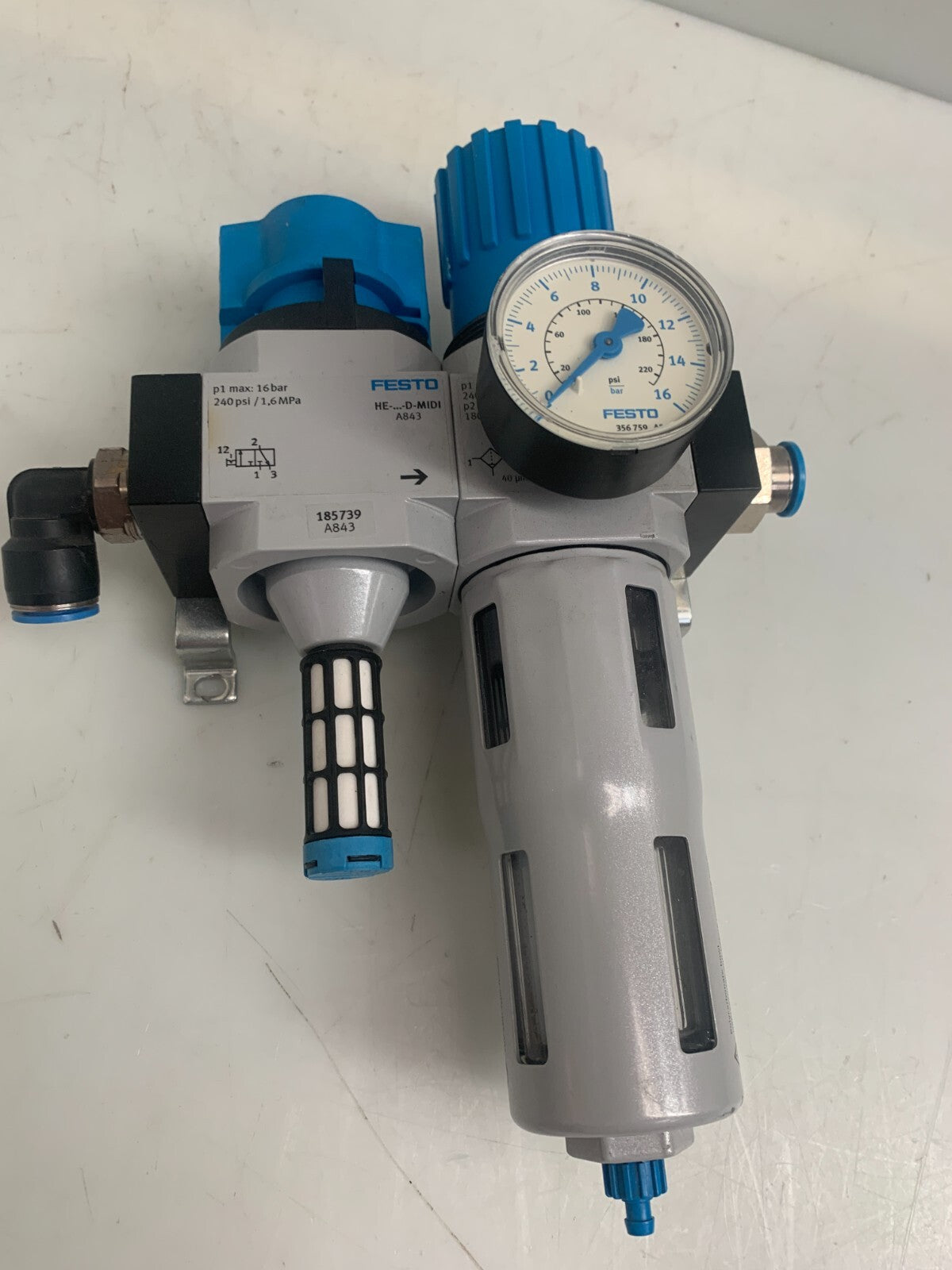 Festo Filter Regulator Unit 185739 A843 LFR-1/2/D/MIDI + HE-D-MIDI