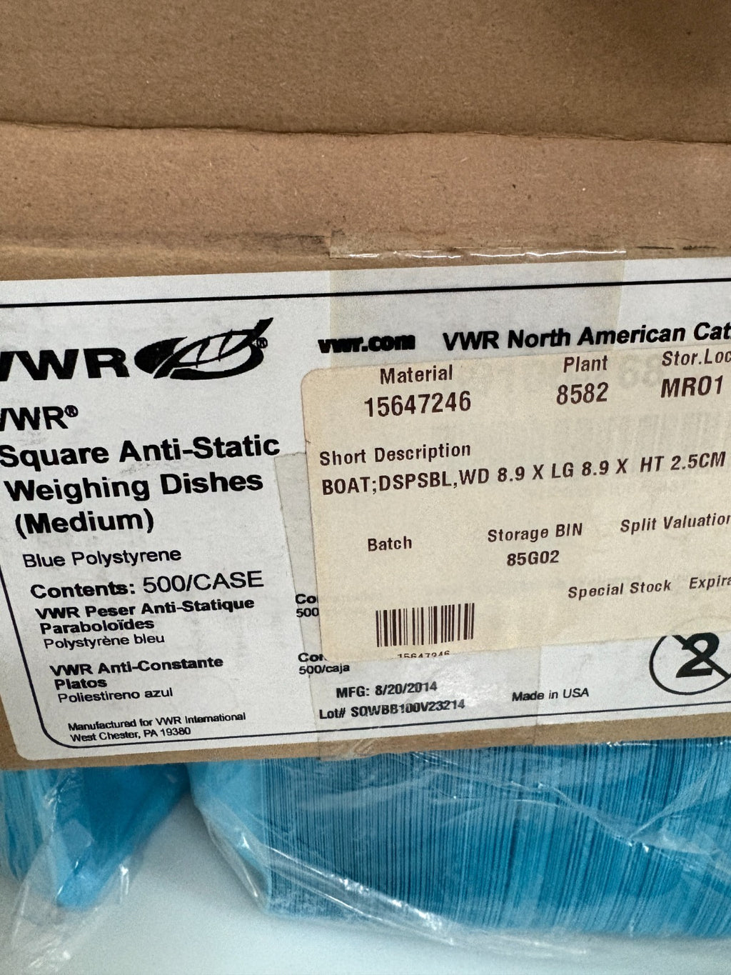 VWR MEDIUM SQUARE ANTISTATIC WEIGHING DISH BLUE 500/CS