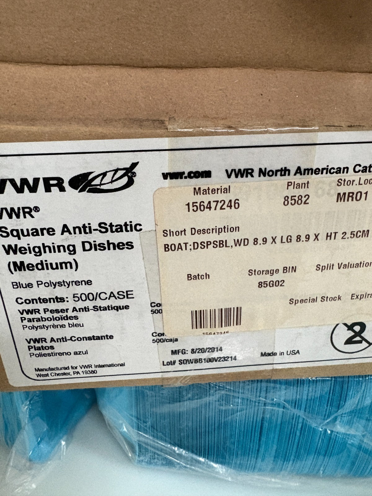 VWR MEDIUM SQUARE ANTISTATIC WEIGHING DISH BLUE 500/CS
