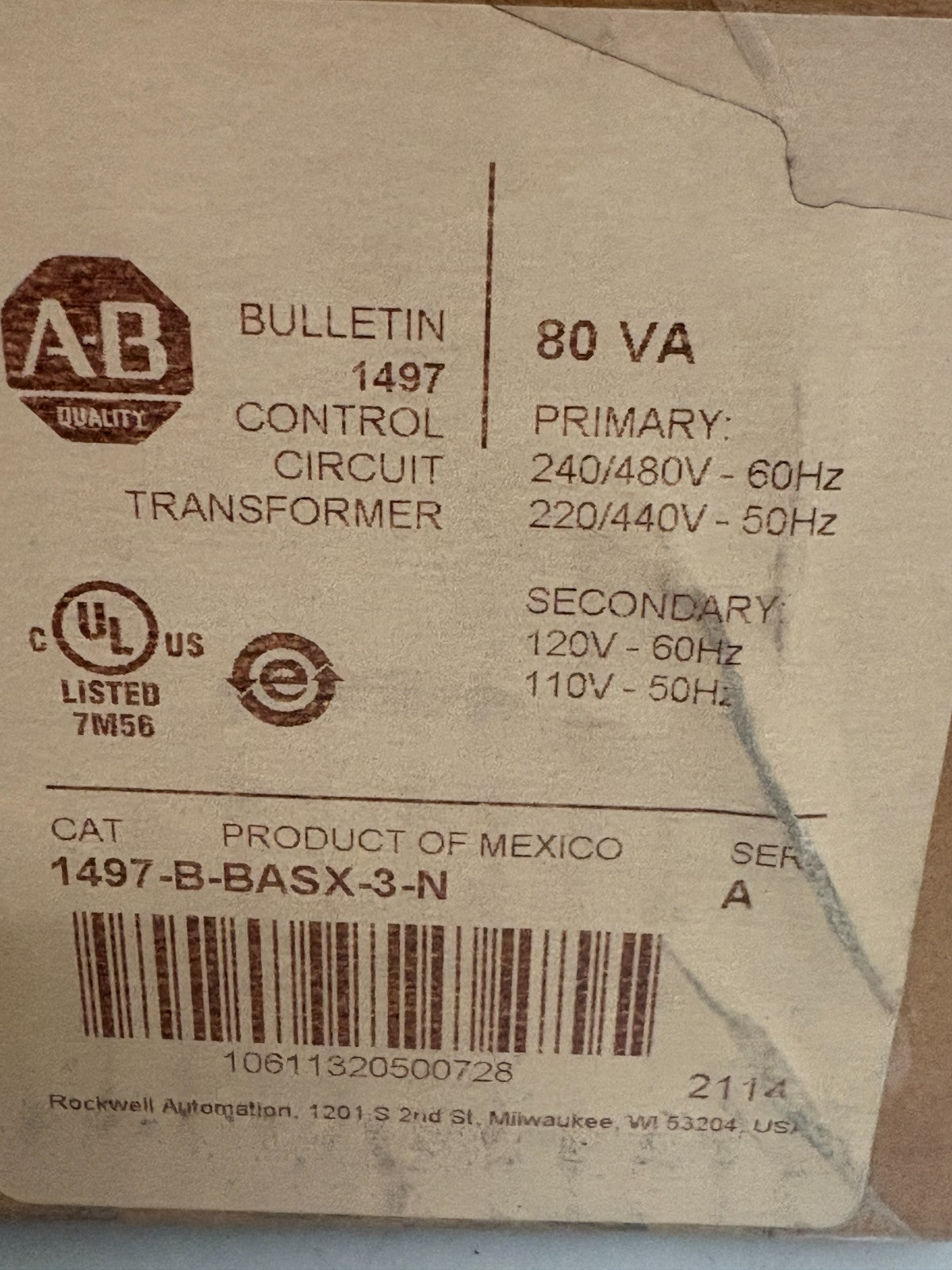 ALLEN BRADLEY TRANSFORMER 1497-B-BASX-3-N2