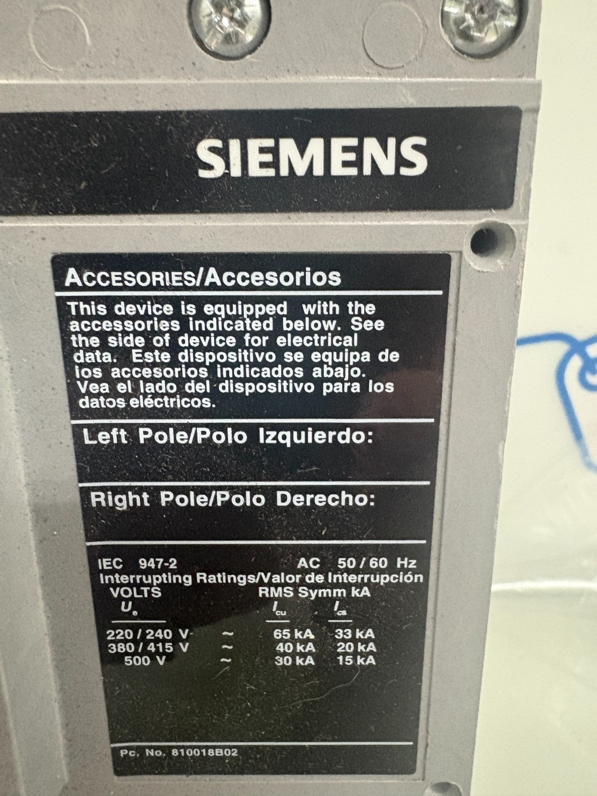 SIEMENS 400 AMP SENTRON CIRCUIT BREAKER JD63F400 1