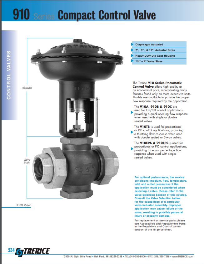 TRERICE   1/2"  3 Way Valve / 910 Series Compact Control Valve