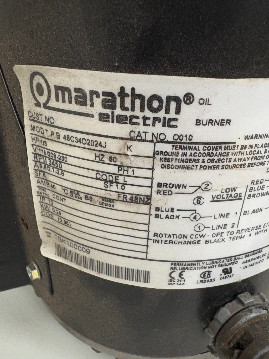 MARATHON OIL BURNER MOTOR W/FAN CAT 0010 MOD TPB 48034D2024J